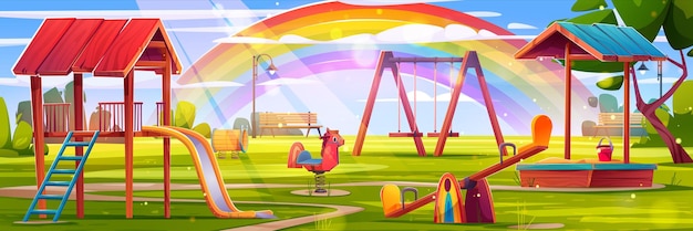 Kostenloser Vektor kinderspielplatz mit regenbogen-cartoon-vektorhintergrund. kindergarten außerhalb der vergnügungsumgebung mit rutsche, schaukel, sandkasten, pferd und wippe. fantasy-kinderspielhaus-gartengestaltung mit baum
