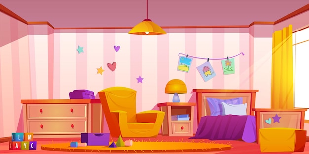 Kostenloser Vektor kinderzimmer-interieur im haus, vektor-hintergrundillustration. mädchen-kinderzimmer mit möbeln, spielzeug und schublade. niedliches, leeres kinderzimmer-wohnungsdesign für kleinkinder mit kissenwürfeln und lampe mit fenster