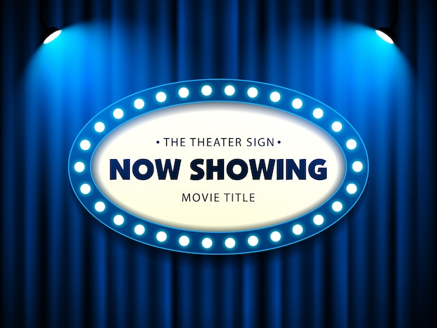 Kino Theater Retro Zeichen Auf Vorhang Mit Scheinwerfer Premium Vektor