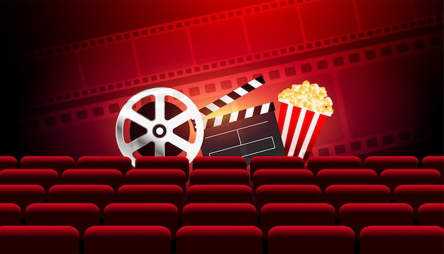 Kinobühnenhintergrund mit clapperboard popcorn und stühlen