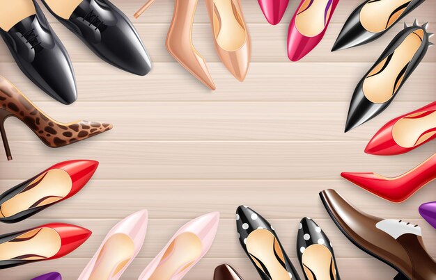 Klassische Frauen Männer Schuhe realistischer heller Holzboden Hintergrund mit roten High Heels rosa Pumps Illustration