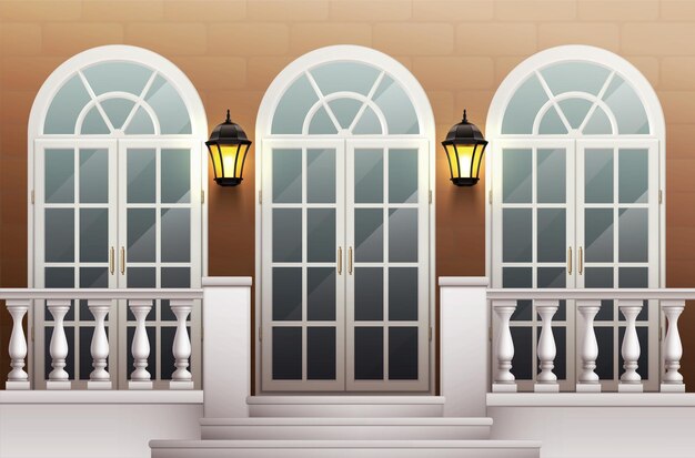 Klassische Palastfassade mit Glasfronttür Veranda und Terrasse mit Balustrade realistisch