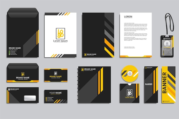 Klassisches corporate identity-vorlagendesign mit gelben und schwarzen formenelegantes professionelles geschäftsbriefpapier-set