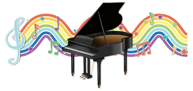 Kostenloser Vektor klavier mit melodiesymbolen auf regenbogenwelle