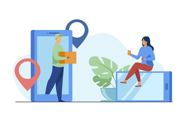 Kleine Frau, die Paket online über Smartphone bestellt. Box, Internet, Client flache Vektor-Illustration. Lieferservice und digitale Technologie