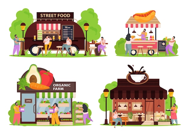 Kleine ladenkonzept-icons mit street food flach isoliert