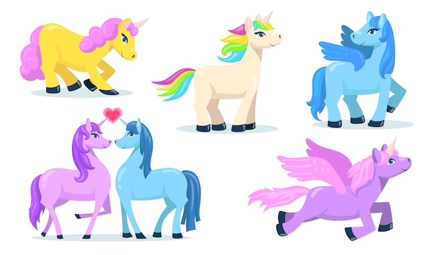 Kostenloser Vektor kleine süße pegasus und einhorn wohnung set für webdesign. karikaturzauberponys für die isolierte vektorillustrationssammlung der prinzessin. fantasie für kinder- und tierkonzept