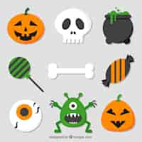 Kostenloser Vektor knochenpackung mit anderen halloween-elementen im flachen design