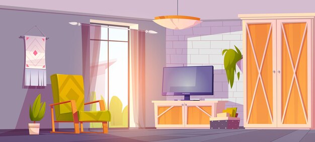 Öko-rustikales Interieur, Wohnzimmer im minimalistischen Stil mit Möbeln aus natürlichen ökologischen Materialien Holz und Textil. Cartoon-Vektor-Wohnung mit gemütlicher Sitzfront des Fernsehers, Backsteinmauer und großem Fenster