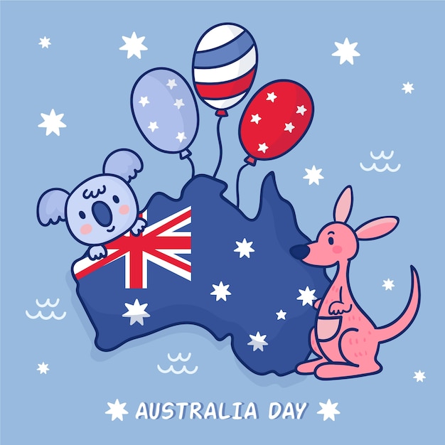 Kostenloser Vektor koala- und kängurufreunde mit ballonen auf australien-karte