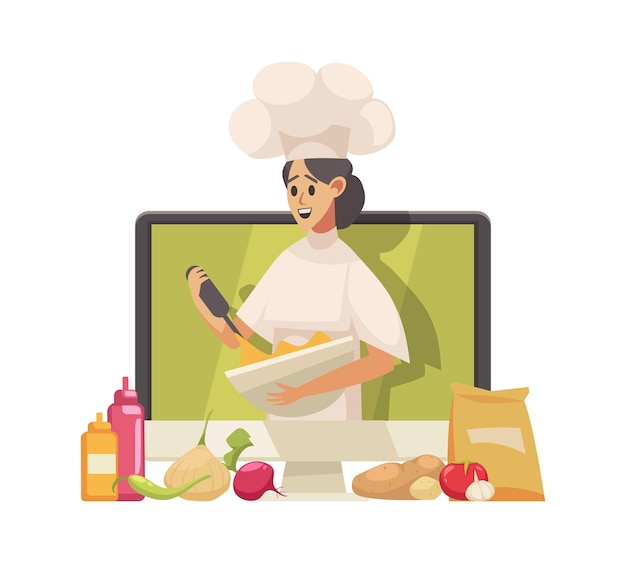 Kostenloser Vektor kochen von food-blogger-cartoon-symbol mit frauencharakter auf dem computermonitor