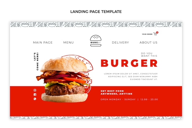 Kostenloser Vektor köstliche burger-landingpage im flachen design