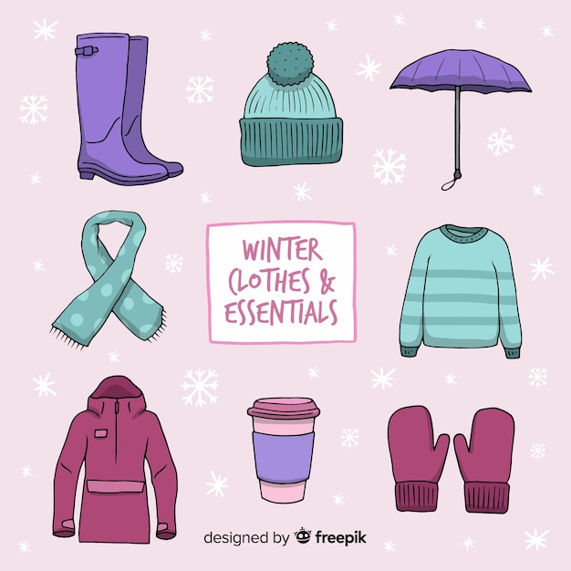 Kostenloser Vektor kollektion für winterbekleidung und -utensilien
