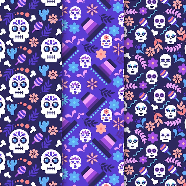 Kostenloser Vektor kollektion von flachen dia de muertos-mustern