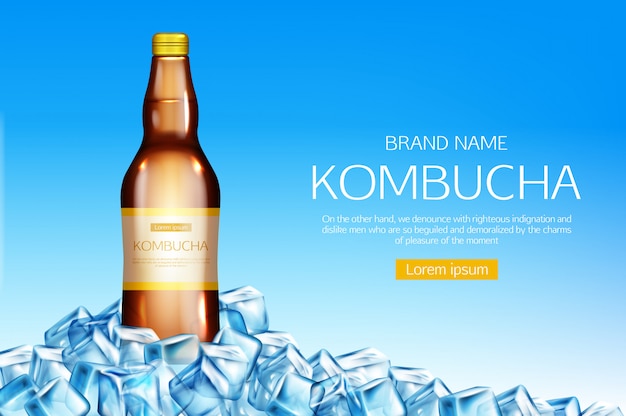 Kostenloser Vektor kombucha-flasche auf eiswürfelhaufenfahne