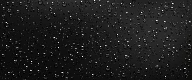 Kondenswasser fällt auf schwarzen Fensterhintergrund. Regentropfen mit Lichtreflexion auf dunkler Glasoberfläche. Realistische 3D-Vektorillustration
