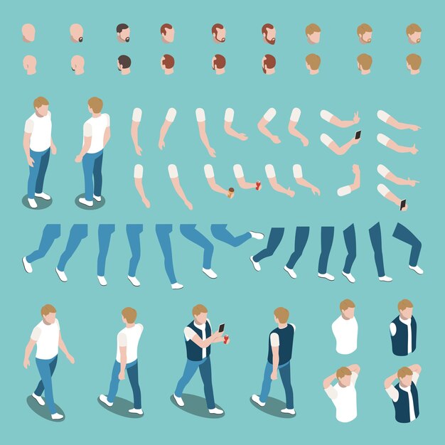 Konstrukteur männlicher Charaktere mit Handgesten, Beinen, Haarschnitten, Bart, isoliert auf blauem Hintergrund, isometrische 3D-Vektorillustration