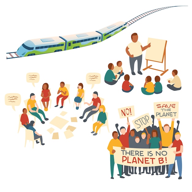 Konzept-clipart für kindererziehung, diskussion, protestaktion und öko-transport. cartoon-satz von menschen mit save planet-bannern, zug mit schienen, treffen mit menschen und kindern mit lehrer