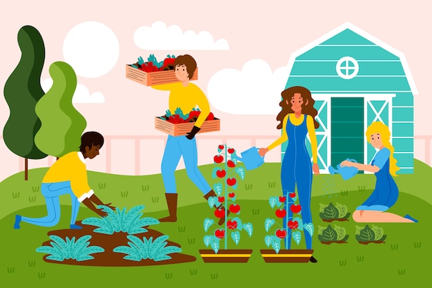 Konzept des biologischen Landbaus mit Leuten und Gemüsepflanzen