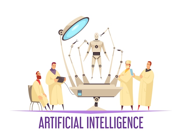 Konzept des Entwurfes der künstlichen Intelligenz mit medizinischem Roboter für Chirurgieoperationsandroidwissenschaftler und flache Illustration der Chirurgen