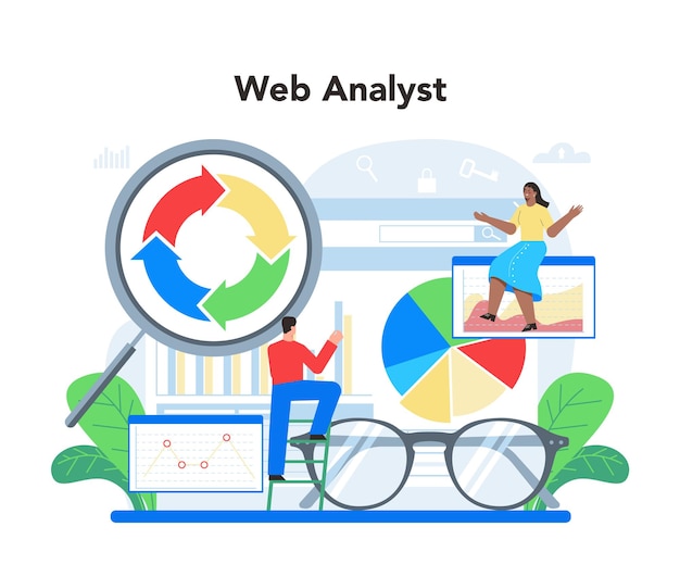 Konzept für website-analysten verbesserung der webseite für die förderung und optimierung von websites website-analyse zum abrufen von daten für seo isolierte flache abbildung