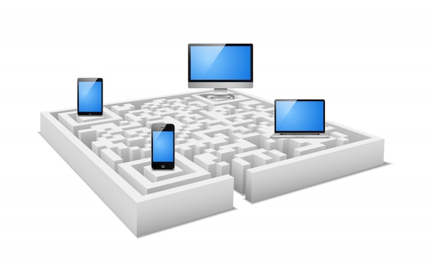 Konzept von elektronischen geräten im digitalen labyrinth