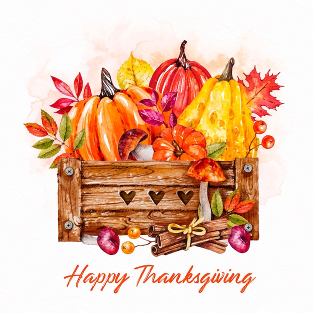 Korb mit Kürbis Aquarell Thanksgiving Hintergrund