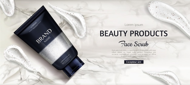 Kosmetikschrubberflasche, schönheitskosmetikprodukt für gesichtspflege auf marmor