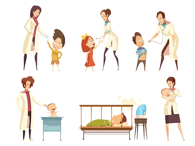 Kranke Babykind-Patientenbehandlung in den Retro- Karikatursituationsikonen des Krankenhauses, die mit Krankenschwestern eingestellt werden, ist