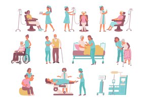 Kostenloser Vektor krankenschwester flaches symbol mit pflege für kranke und ältere menschen hilfe bei medizinischen verfahren vektor-illustration