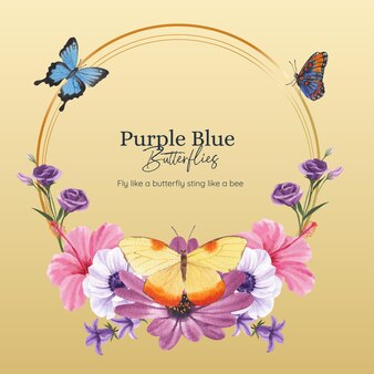 Kranzschablone mit lila und blauem schmetterling im aquarellstil