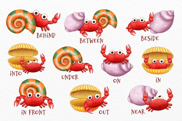 Kostenloser Vektor kreative art, englische präposition mit krabben zu zeigen