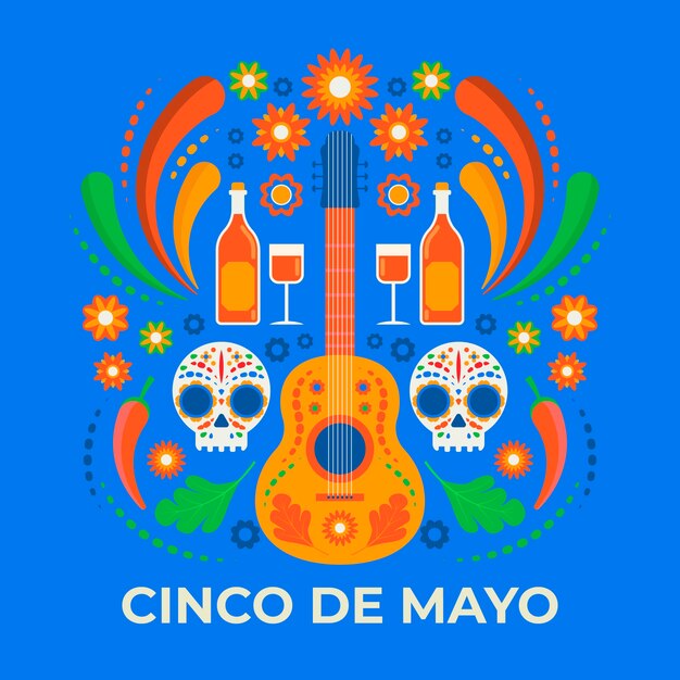 Kreative Illustration von Cinco de Mayo mit Gitarre und Totenköpfen