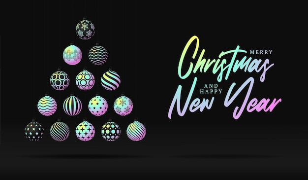 Kreativer weihnachtsbaum aus glänzenden holografischen farbverlaufsbällen auf schwarzem hintergrund für weihnachts- und neujahrsfeiern. weihnachtsvektorillustrationsfahne