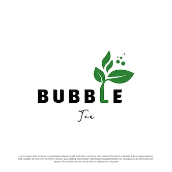 Kreatives bubble tea-schriftzug-logo-design bubble tea mit blättern und blasen für ihre marke oder ihr geschäft