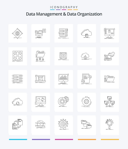 Kreatives Datenmanagement und Datenorganisation 25 OutLine-Icon-Pack, z. B. Dokumenten-Cloud-Lebenslauf-Datenregal