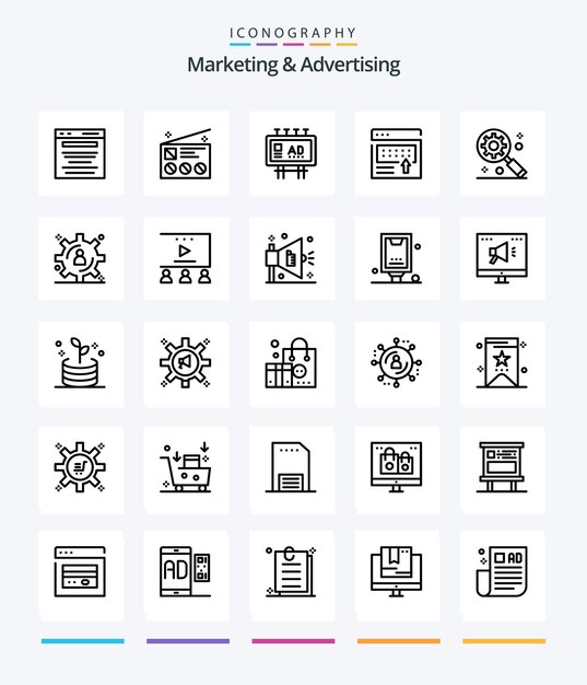 Kreatives Marketing und Werbung 25 OutLine-Icon-Pack, z. B. Bannerwerbung, Nachrichten, Werbemarketing