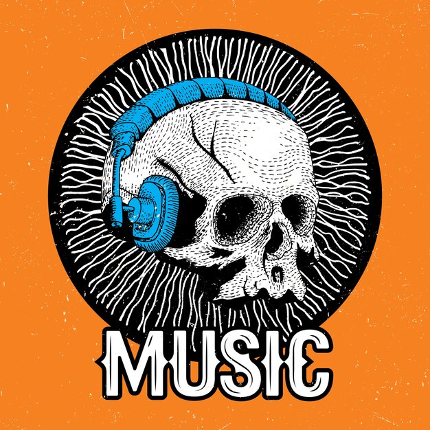Kreatives Musikplakat mit lustigem Schädel in den Kopfhörern auf der orange Illustration