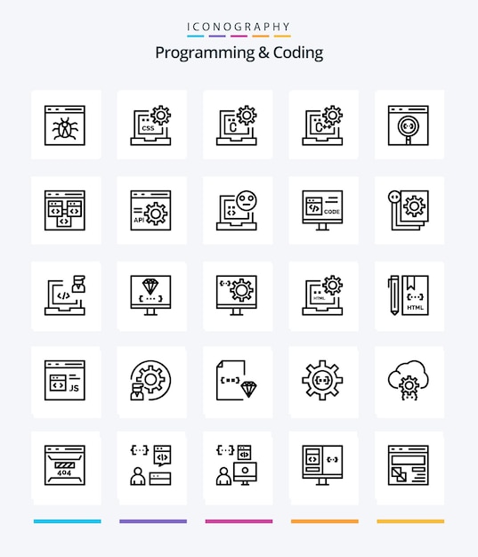 Kostenloser Vektor kreatives programmieren und codieren 25 gliederungssymbolpaket wie codierungs-app entwickeln entwicklungscodierung