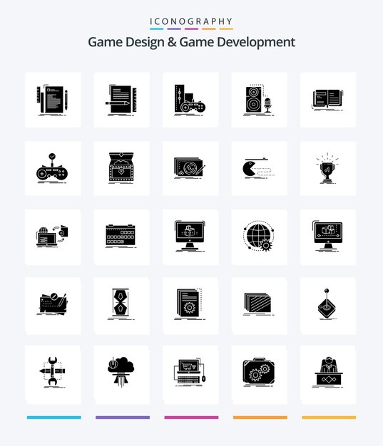 Kreatives Spieldesign und Spieleentwicklung 25 Glyph Solid Black Icon Pack Wie Open Author Play Sound-Mikrofon