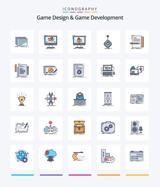 Kreatives Spieldesign und Spielentwicklung 25-zeiliges Symbolpaket, z. B. Spielhallenmonitor, Skizze dimensional