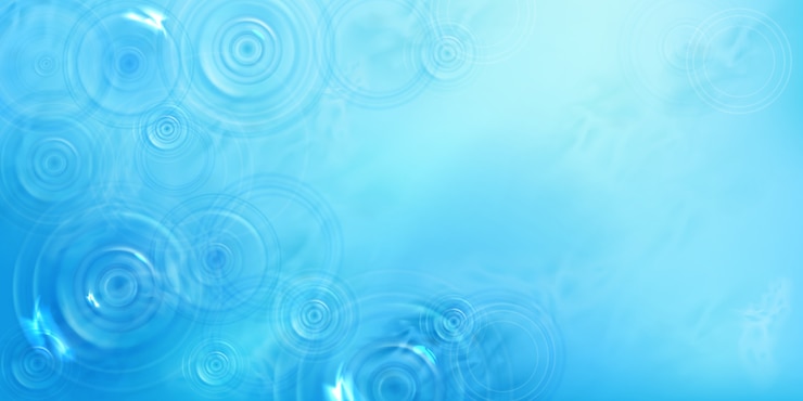 Kostenlose Vektor kreise auf wasser draufsicht, radiales muster auf flüssiger oberfläche mit divergierenden ringen, wirbeln und spritzern. wellen gemacht von geworfenem stein auf blauem meer oder ozeanhintergrund, realistische 3d illustration