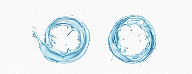 Kreisförmiger wasserspritzer auf transparentem hintergrund. realistische vektorillustration eines runden wirbels und eines stroms einer blauen, klaren flüssigkeitswelle mit glitzern und tropfen. ringrahmen aus leicht wirbelndem spritzer mit blase