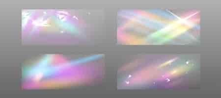 Kostenloser Vektor kristallheller regenbogen-hologrammhintergrund mit transparentem overlay-effekt realistische vektor-illustrationssatz von prisma-iridescent-gradient-texturen diamant oder glas sonnenspektrumbrechung mit funken