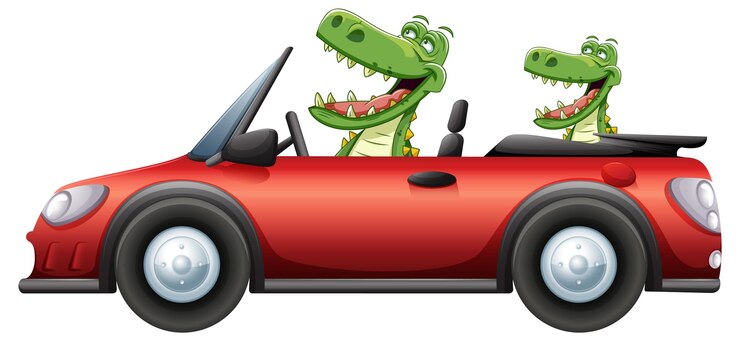 Kostenlose Vektor krokodile genießen eine fahrt in einem cabriolet