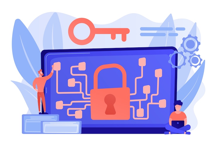 Kostenlose Vektor kryptografiebeauftragter und systemadministrator erstellen algorithmuscode für den schlüsselbesitzer der blockchain. konzept des kryptographie- und verschlüsselungsalgorithmus