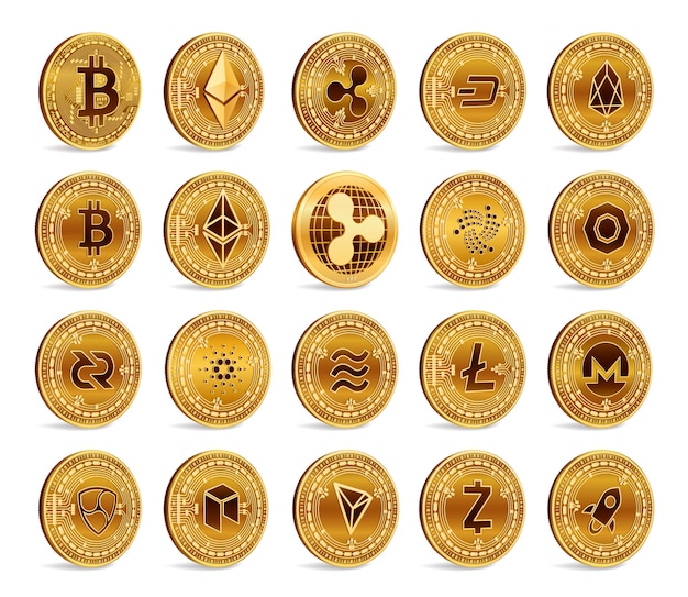 Kryptowährung 3d goldene münzen gesetzt. bitcoin, ripple, ethereum, litecoin, monero und andere.