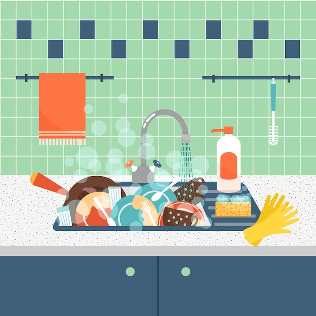 Küchenspüle mit schmutzigem küchengeschirr und geschirr. chaos und waschbecken, schmutzige und küchenutensilien, schwamm waschen.