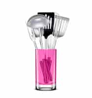 Kostenloser Vektor küchenwerkzeuge aus rostfreiem stahl in pink transparentem glas realistisch mit gekerbtem schöpflöffel-spatel