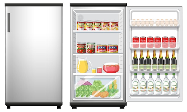 Kostenloser Vektor kühlschrank geschlossen und geöffnete tür mit viel essen